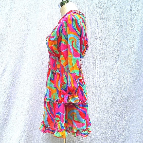 Ladies backless dress, v-neck, multicolor, sheer, lined, ruffle, boho,  M - Picture 6 of 14
